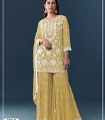Yellow chiffon semi stitched suit with embroidery thread & khatli work