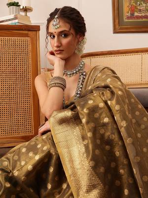Grey woven tissue party wear saree with blouse piece 1