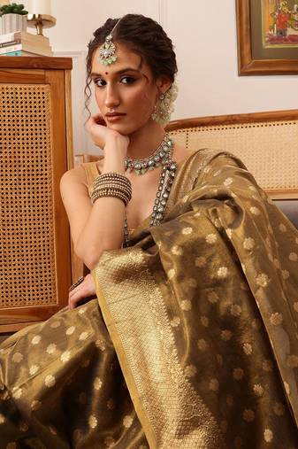 Grey woven tissue party wear saree with blouse piece