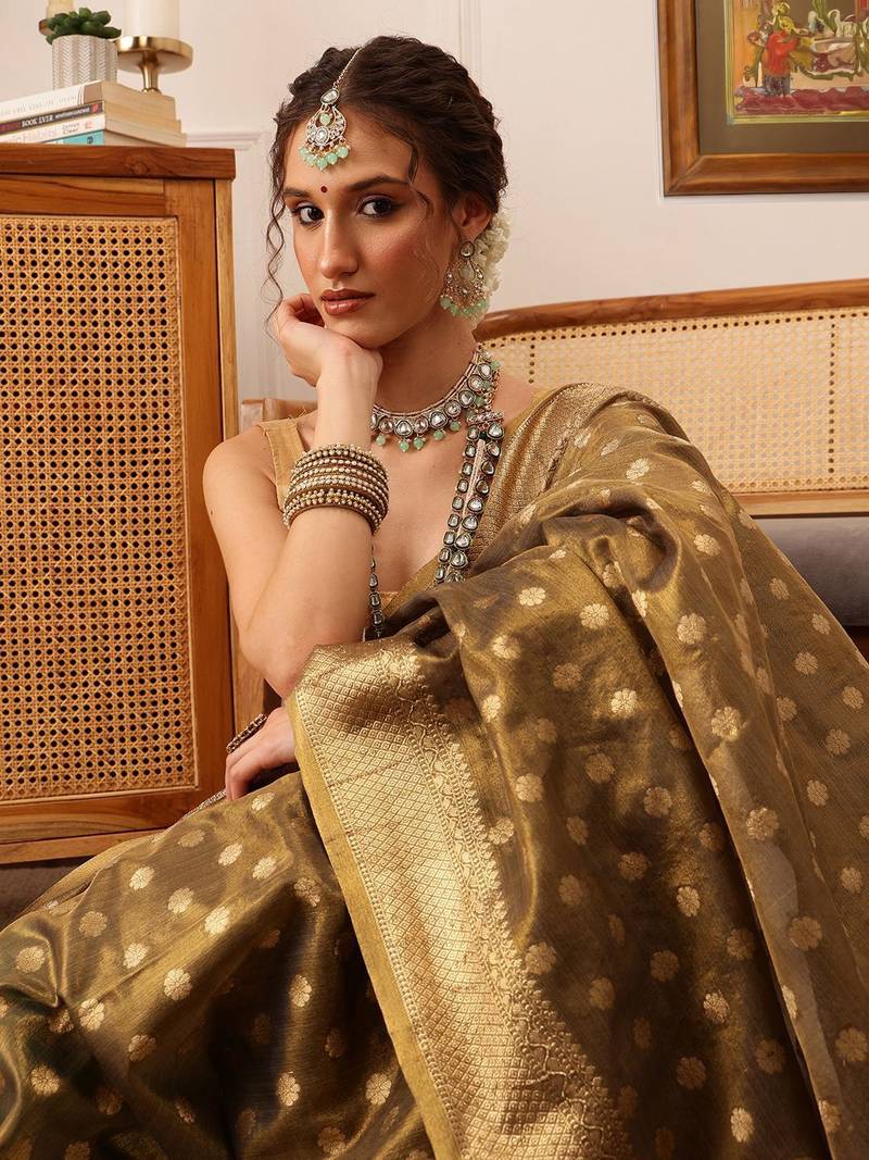 Grey woven tissue party wear saree with blouse piece