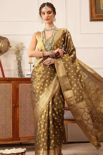 Grey woven tissue party wear saree with blouse piece