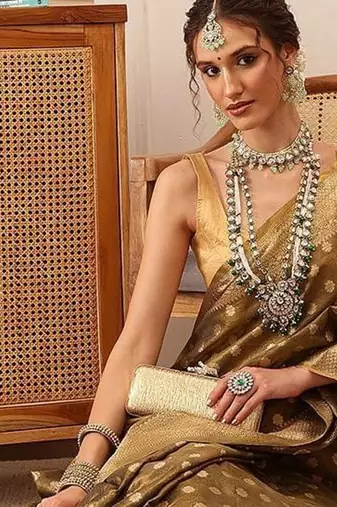 Grey woven tissue party wear saree with blouse piece