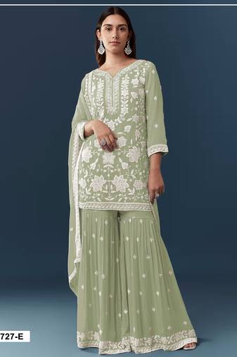 Green chiffon semi stitched suit with embroidery thread & khatli work