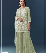 Green chiffon semi stitched suit with embroidery thread & khatli work
