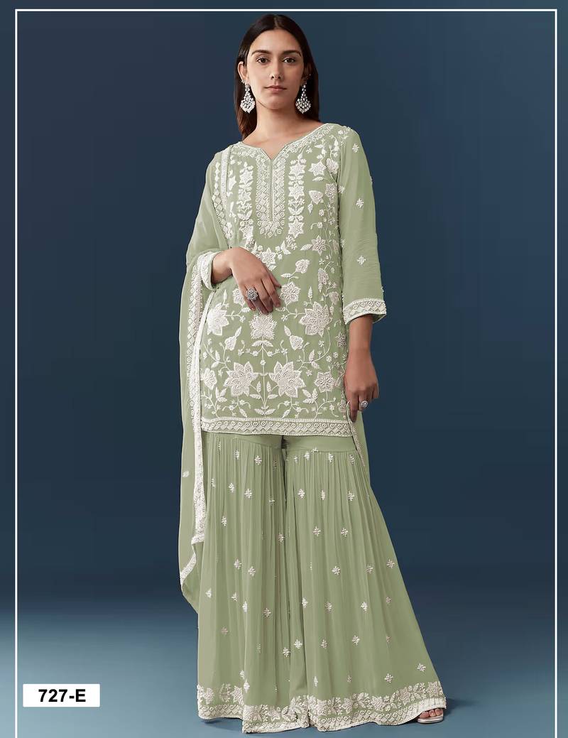 Green chiffon semi stitched suit with embroidery thread & khatli work