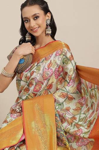 White printed art silk ethnic saree with blouse piece