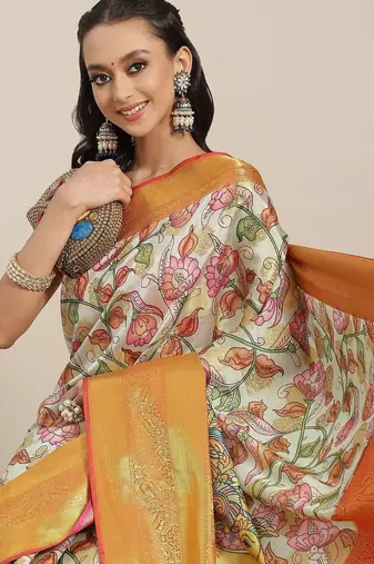 White printed art silk ethnic saree with blouse piece