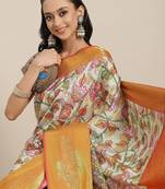 White printed art silk ethnic saree with blouse piece