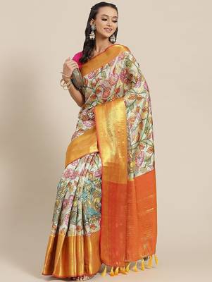 White printed art silk ethnic saree with blouse piece 2