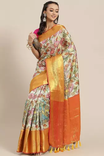 White printed art silk ethnic saree with blouse piece