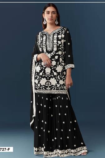 Black chiffon semi stitched suit with embroidery thread & khatli work