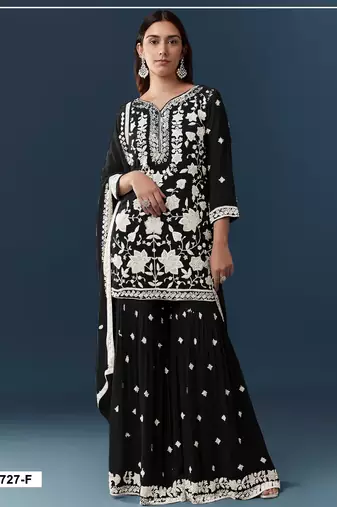 Black chiffon semi stitched suit with embroidery thread & khatli work