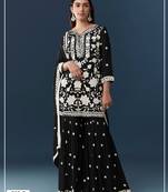 Black chiffon semi stitched suit with embroidery thread & khatli work