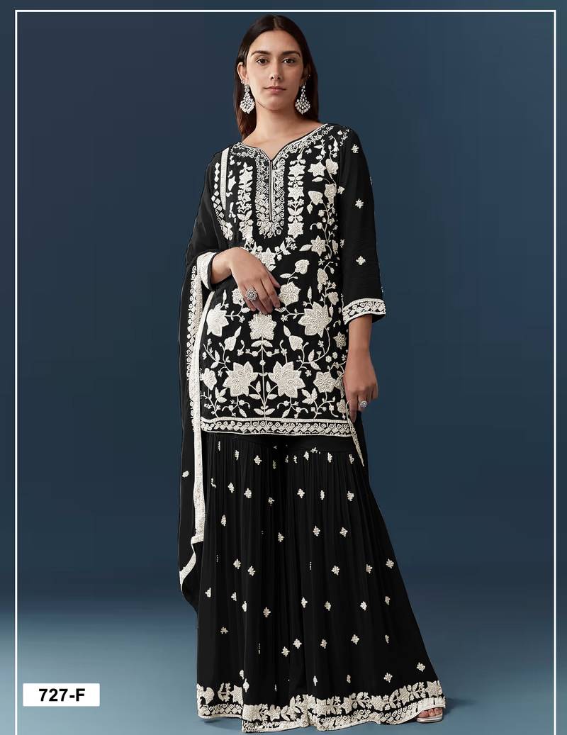 Black chiffon semi stitched suit with embroidery thread & khatli work