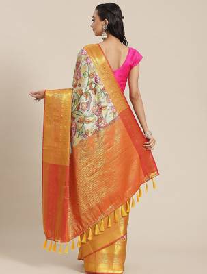 White printed art silk ethnic saree with blouse piece 3