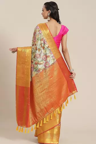 White printed art silk ethnic saree with blouse piece