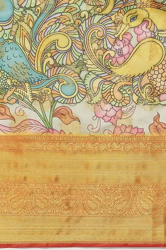 White printed art silk ethnic saree with blouse piece