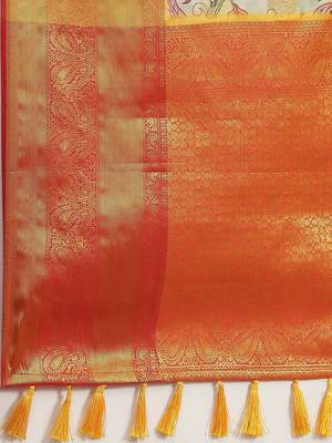 White printed art silk ethnic saree with blouse piece 5