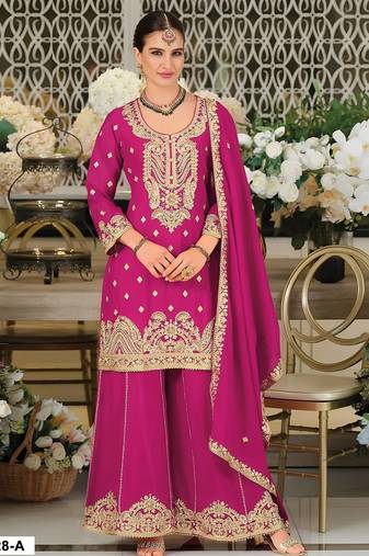 Rani pink chinon semi stitched suit with embroidery coding & sequence work