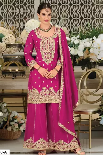 Rani pink chinon semi stitched suit with embroidery coding & sequence work