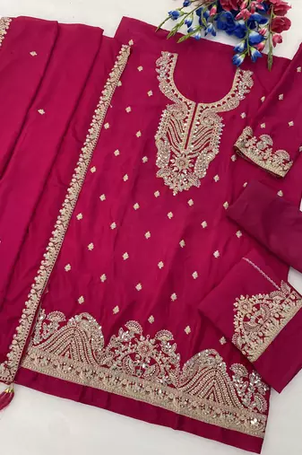 Rani pink chinon semi stitched suit with embroidery coding & sequin  work