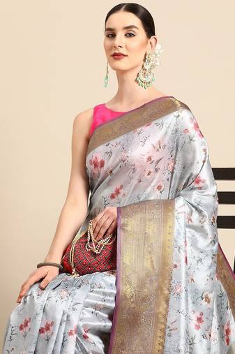 Grey printed art silk ethnic saree with blouse piece
