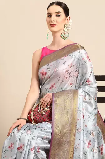 Grey printed art silk ethnic saree with blouse piece