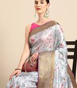 Grey printed art silk ethnic saree with blouse piece