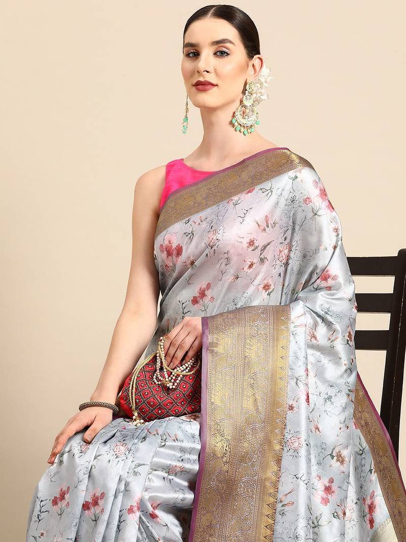 Grey printed art silk ethnic saree with blouse piece