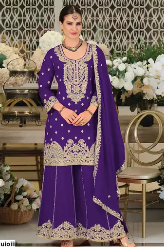 Violet chinon semi stitched suit with embroidery coding & sequence work