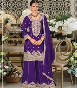 Violet chinon semi stitched suit with embroidery coding & sequence work