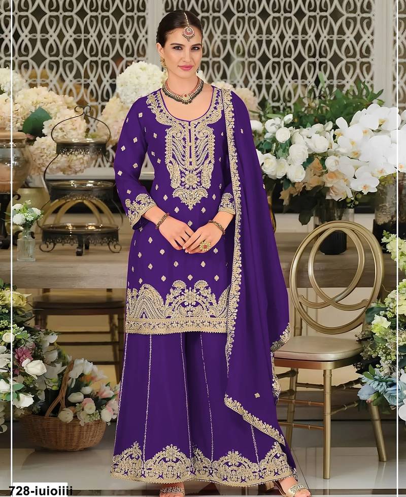 Violet chinon semi stitched suit with embroidery coding & sequence work