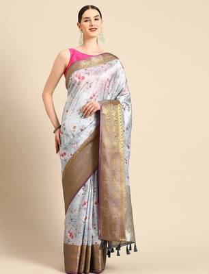 Grey printed art silk ethnic saree with blouse piece 2