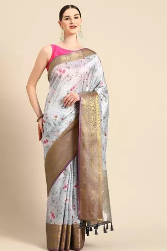Grey printed art silk ethnic saree with blouse piece