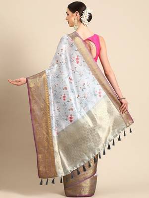 Grey printed art silk ethnic saree with blouse piece 3