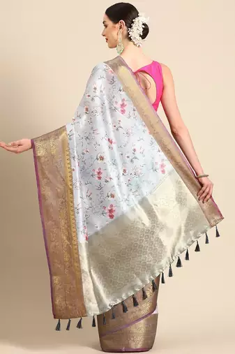 Grey printed art silk ethnic saree with blouse piece