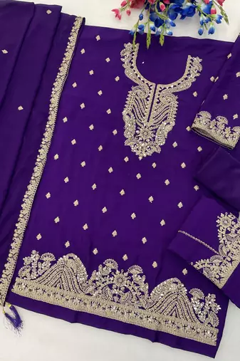 Violet chinon semi stitched suit with embroidery coding & sequence work
