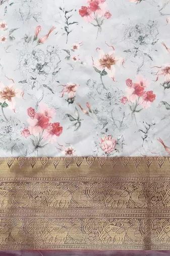 Grey printed art silk ethnic saree with blouse piece