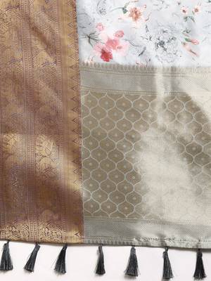 Grey printed art silk ethnic saree with blouse piece 5