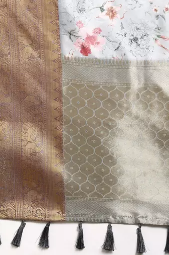 Grey printed art silk ethnic saree with blouse piece