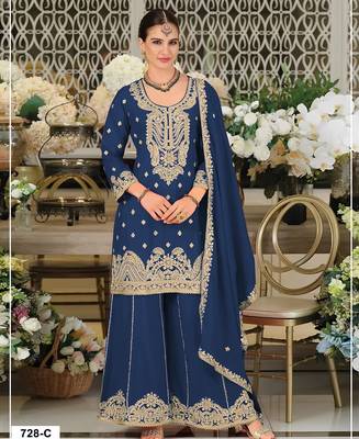 Teal chinon semi stitched suit with embroidery coding & sequin  work 1