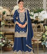 Teal chinon semi stitched suit with embroidery coding & sequence work