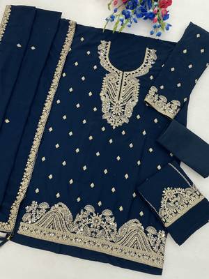 Teal chinon semi stitched suit with embroidery coding & sequin  work 2