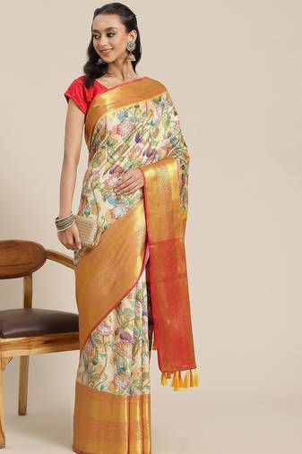 White woven art silk traditional saree with blouse piece