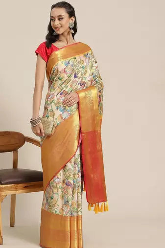 White woven art silk traditional saree with blouse piece