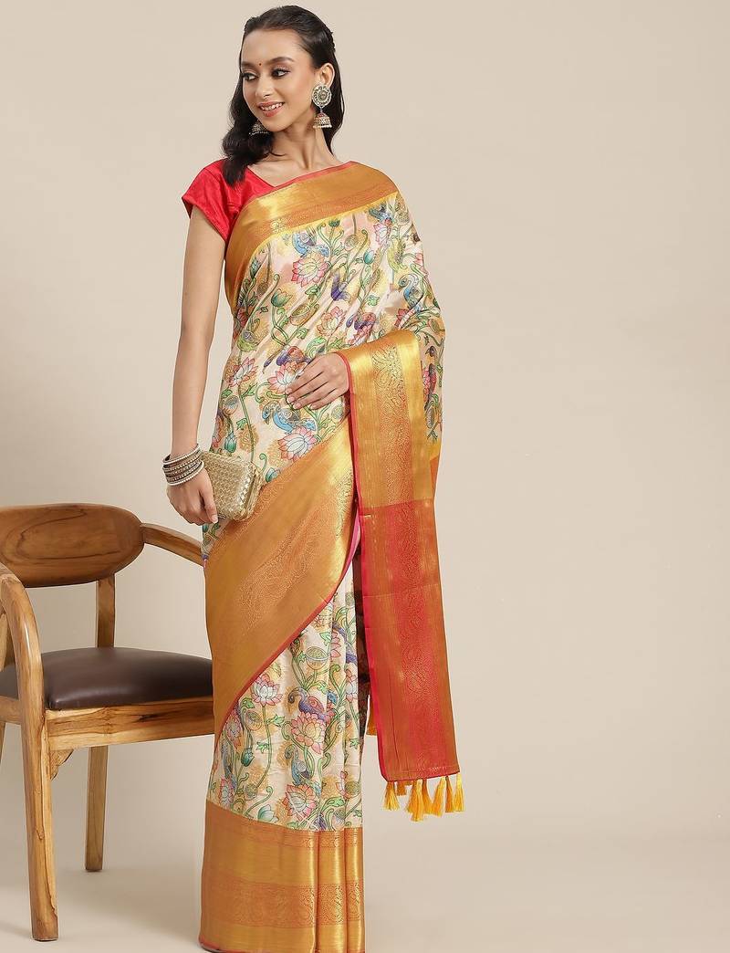 White woven art silk traditional saree with blouse piece