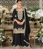 Black chinon semi stitched suit with embroidery coding & sequence work