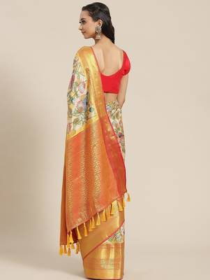White woven art silk traditional saree with blouse piece 2