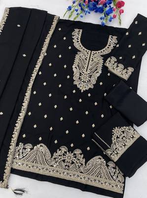 Black chinon semi stitched suit with embroidery coding & sequin  work 2