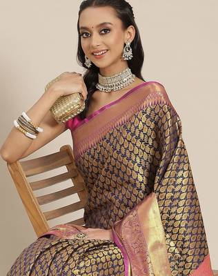 Navy blue floral zari brocade traditional saree with blouse piece 1